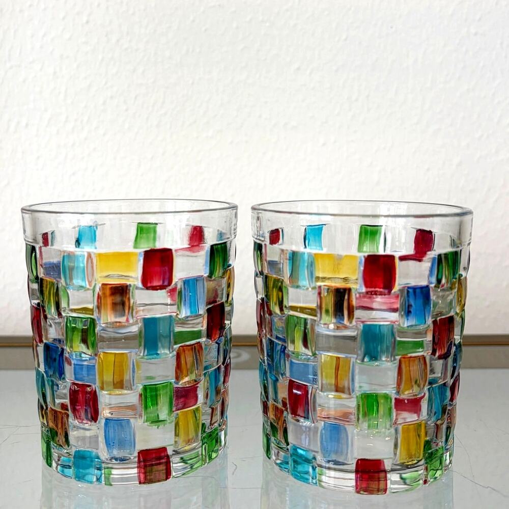 NEW Hand Painted Italian Crystal Whiskey Glasses 2pc 10oz Colorful Mosaic